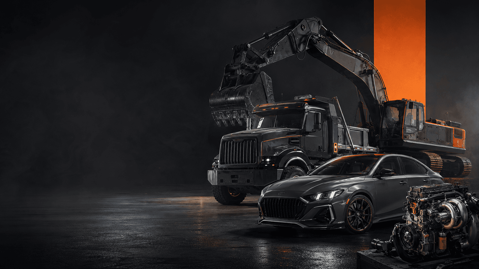 Excavator loading a work truck beside a repaired sedan and diesel engine — representing RI-GOOD's automotive, work truck and heavy equipment repair